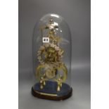 A 19th century brass skeleton clock, with fusee and in-line train, under glass dome, with key and