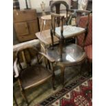 A 1920's circular caned beech occasional table, diameter 76cm, together with a pair of elbow chairs,