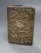 A late 19th century Chinese Export white metal card case, decorate with figures at various