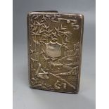 A late 19th century Chinese Export white metal card case, decorate with figures at various