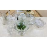 A mixed quantity of glass including a large oil lamp, reservoir and chimney