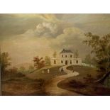 Early 19th century English School, oil on canvas, View of a country house with figures in the