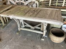 A rustic design rectangular weathered garden table, width 150cm depth 78cm height 70cm