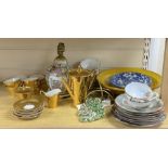 A Chinese famille rose lamp, a German gilt coffee set and sundries