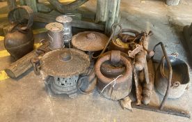 A quantity of Victorian and later metalware to include a cow bell, lanterns, miner's lamps etc.