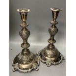 A pair of late 19th century Russian 84 zolotnik 'Sabbath Day' candlesticks, stamped Pogorzelski,