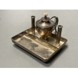 A George V silver square table lighter with wick and two cylindrical compartments (incomplete?),