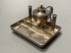 A George V silver square table lighter with wick and two cylindrical compartments (incomplete?),