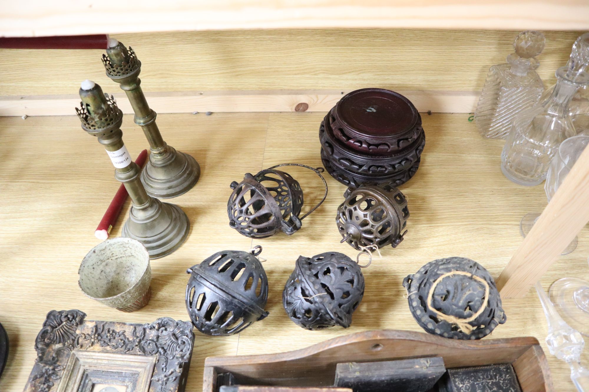 A group of mixed collectables including five pomanders, a pair of brass candlesticks, Oriental - Image 4 of 4