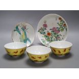 Two Chinese famille rose saucer, dishes and three yellow ground 'bat' bowls, largest diameter 18.