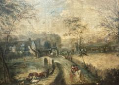 Early 19th century French School, oil, Landscape with figures, a horse and cart, cattle and chateau,