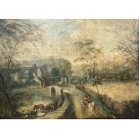 Early 19th century French School, oil, Landscape with figures, a horse and cart, cattle and chateau,