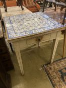 A Continental painted tile top table, width 71cm depth 70cm height 78cm