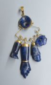 A continental 18k yellow metal and blue banded agate? set charm pendant, gross 25.6 grams, a similar