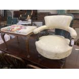 A late Victorian upholstered tub framed elbow chair, together a Queen Anne style dressing stool