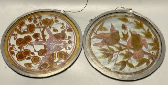 Two Victorian stained glass 'bird' roundels