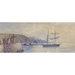 R. Warren Vernon (fl. 1882-1908), watercolour, Schooner in harbour, signed, 15 x 35cm.