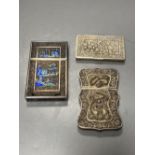 Two Chinese white metal filigree card cases, one with enamel(a.f.) & an Indian white metal snuff