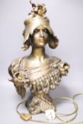 A bronze bust of a lady titled 'Alome', converted to a lamp, height 62cm