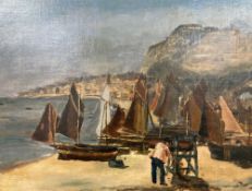 English School c.1890, oil on canvas, Hastings beach, 30 x 40cm