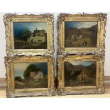 19th century Welsh School, set of 4 oils on panel, Primitive landscapes with figures beside a
