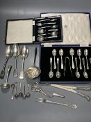 A cased set of six 1950's silver teaspoons, one other incomplete silver set, three 19th century