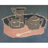 Modern British, oil on canvas, Still life of a teaset, tray and spoon, 40 x 50cm