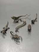 Five Indian? white metal miniature models of insects etc. including lizards, centipede and a