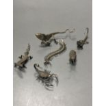 Five Indian? white metal miniature models of insects etc. including lizards, centipede and a