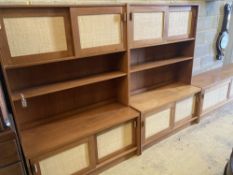 Three near-matching teak side cabinets, each free standing upper section fitted a pair of cupboard