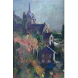 John Speirs, oil on canvas board, View of a hillside church, 24 x 16cm