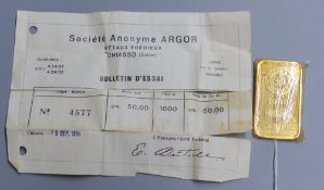 A Swiss Argor S.A. Chiasso '1000' yellow metal ingot, numbered 4577, weighing 50 grams, wit original