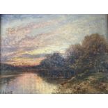 Carl Brennir (1850-1920), oil on mill board, River landscape at sunset, signed, 22 x 30cm