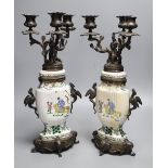 A pair of Chinese famille verte vases converted to candelabra, height 41cm