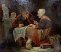 Joseph Dens (1808-1883), oil on wooden panel, Interior with husband, wife and cat, signed, 41 x