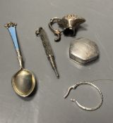 A modern silver hexagonal pill box, a continental 925 and enamel coffee spoon, pencil, lid and 925