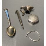 A modern silver hexagonal pill box, a continental 925 and enamel coffee spoon, pencil, lid and 925