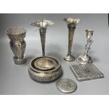 Two silver trumpet vases, one a.f., a Birk's sterling compact and four continental white metal