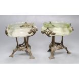 A pair of Art Nouveau vaseline glass dishes, on bronze stands, height 12cmCONDITION: Some slight