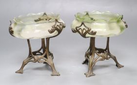 A pair of Art Nouveau vaseline glass dishes, on bronze stands, height 12cmCONDITION: Some slight