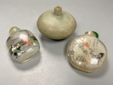 A Chinese inside painted rock crystal snuff bottle and inside painted glass snuff bottle and a small