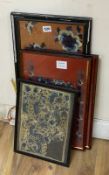 A pair of Chinese embroidered red satin floral panels and two other silk floral panelsCONDITION: