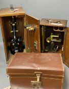 An early 20th century lacquered brass binocular microsope (unnamed) and two other microscopes by