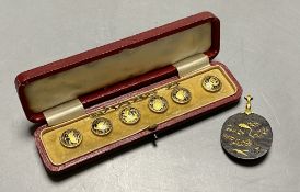 A set of Japanese komai style damascened buttons and a fan shaped brooch