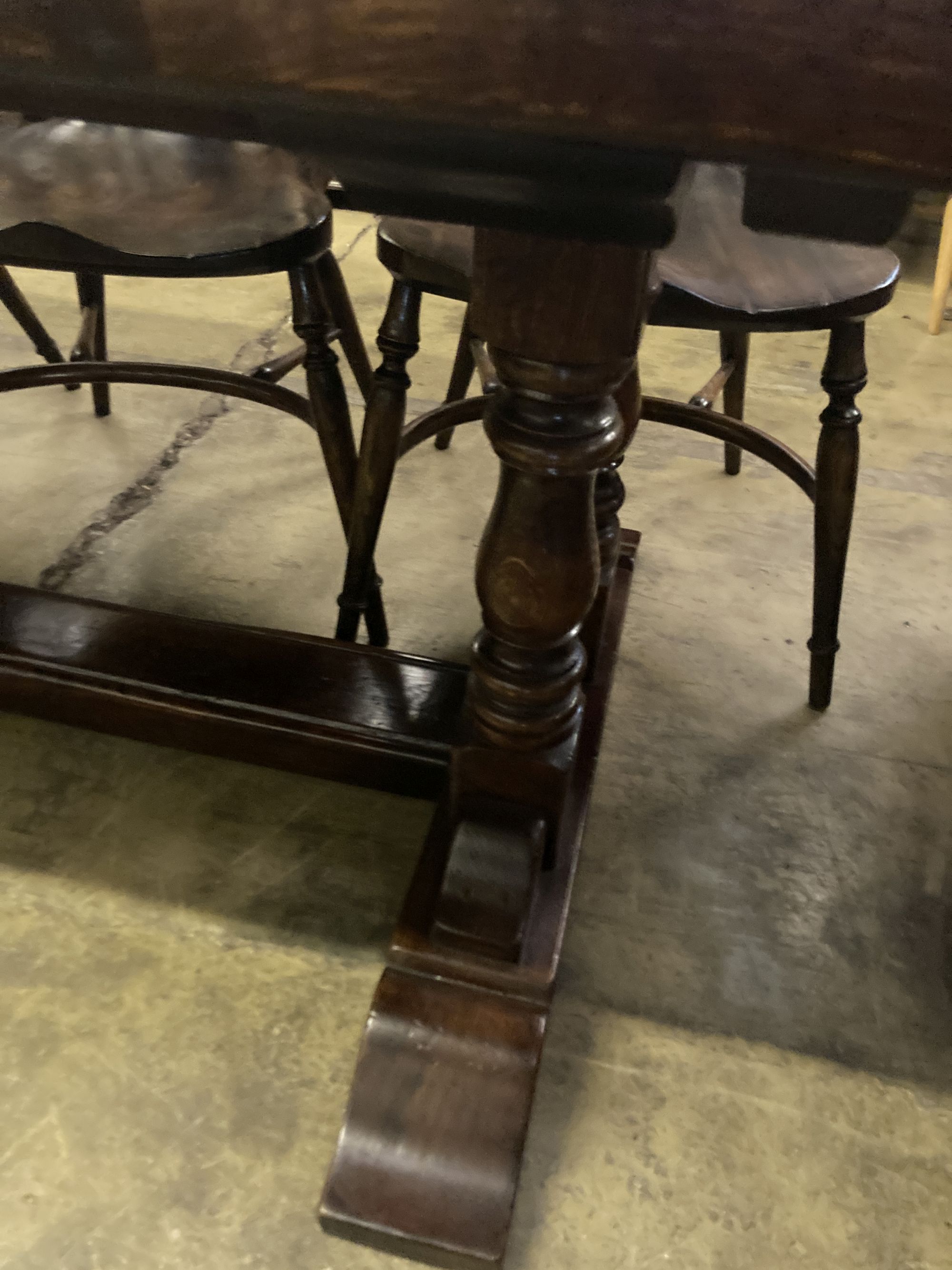 An 18th century style oak refectory table having planked top on double turned end supports, width - Image 4 of 5
