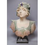 A pottery bust of a lady signed Jacobs, height 53cm