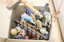 A Javanese 'tiger' puppet, model wood rocking horse, a bowling game and quantity of mixed children's