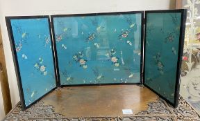 A Chinese embroidered silk inset three fold screen, largest panel 40 x 47cmCONDITION: Provenance -