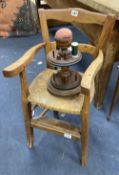 A fruitwood child's chair and a bobbin holder