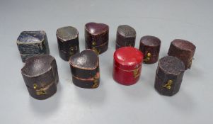 Ten assorted antique ring boxes.CONDITION: All in fairly well used condition, with scuff marks to